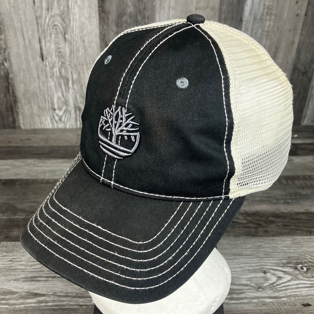 Timberland Trucker Hat Black Mesh Snapback Embroidered Logo Contrast Stitch